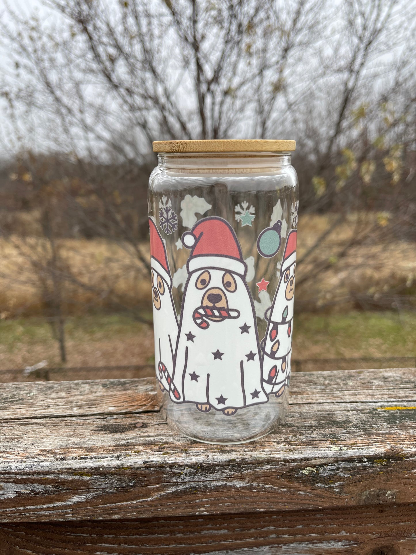 Christmas Ghost Dogs Glass Cup