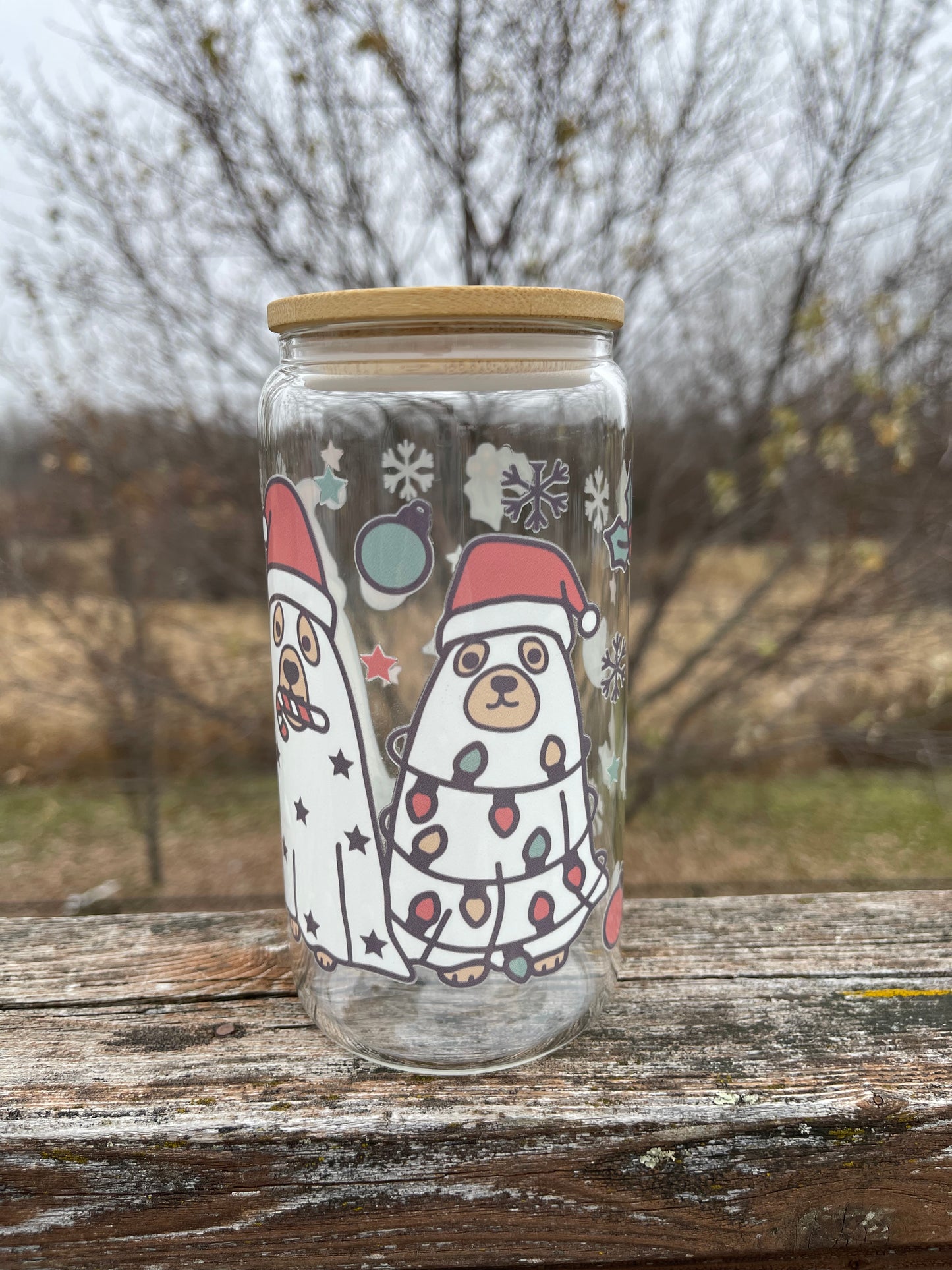 Christmas Ghost Dogs Glass Cup