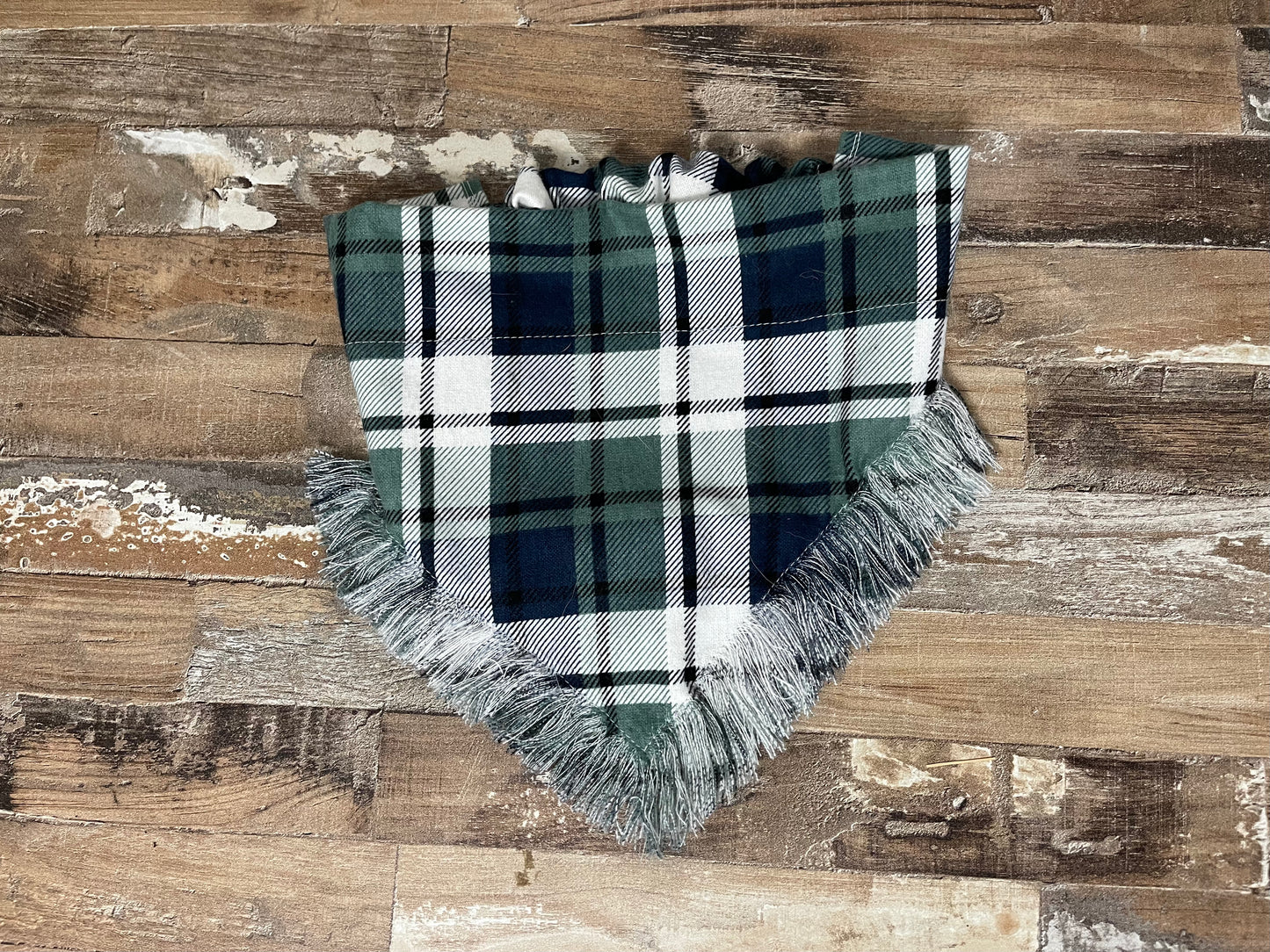 Green & Navy Plaid Frayed Dog Bandana